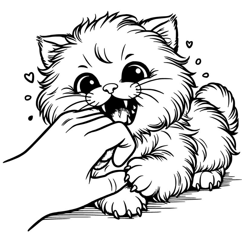 very fluffy kitten biting a hand with it’s fangs