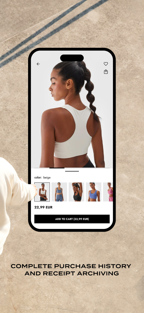 4F – sports fashion online - Schermata dello smartphone che mostra l'app 4F sports fashion con la pagina di un prodotto per un reggiseno sportivo e le funzioni della cronologia acquisti.