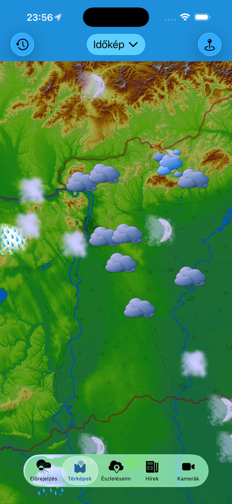 Időkép - Mapa meteorológico topográfico de Hungría en la aplicación móvil Idokep con iconos de nubes y luna
