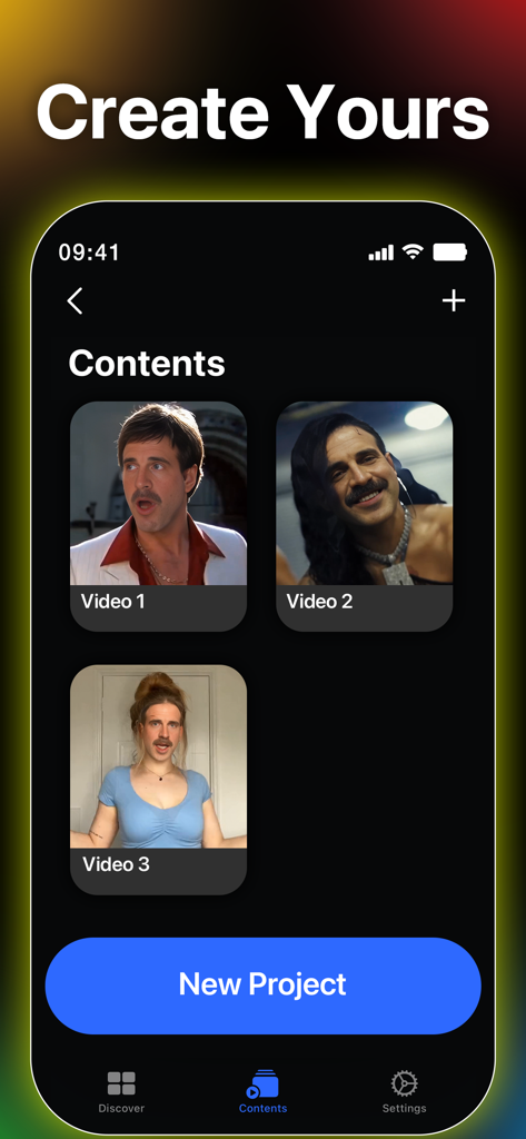 FaceAi: Face Swap Any Video - Interfaz de la aplicación FaceAi que muestra una lista de videos de intercambio de rostros creados y un botón para un nuevo proyecto