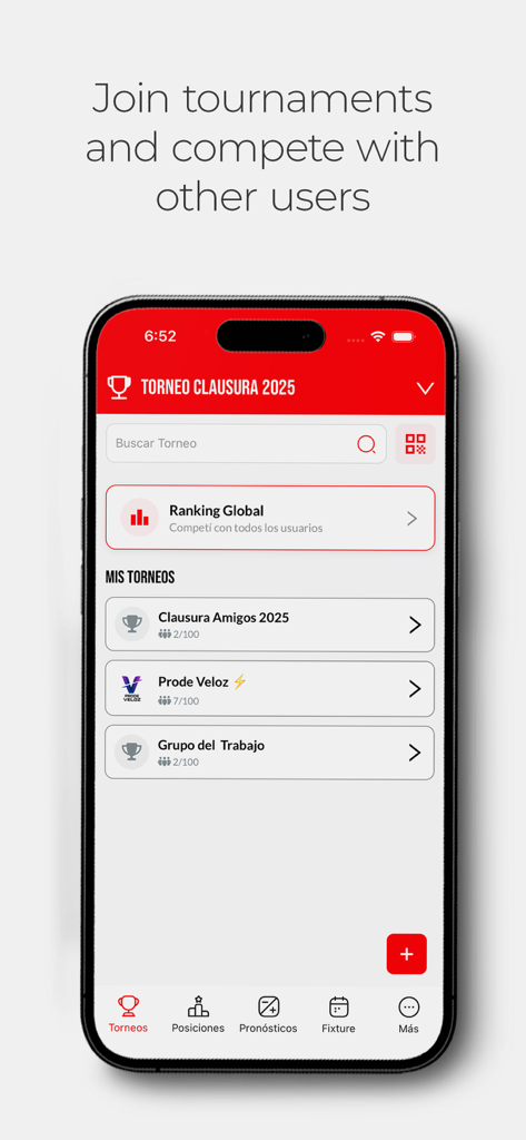 Screen of Prode Master app displaying global rankings and private soccer tournament groups