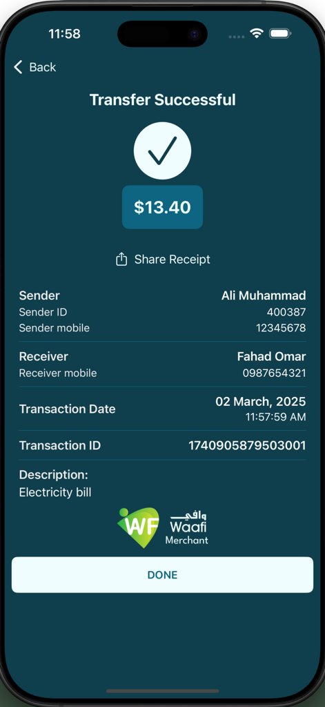 WAAFI Business app screen showing a successful transfer confirmation for an electricity bill