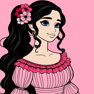 a single latina woman with a side ponytail and a long dress with ruffles. she has a few discreet flowers in her hair. realistic