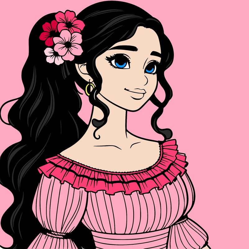 a single latina woman with a side ponytail and a long dress with ruffles. she has a few discreet flowers in her hair. realistic