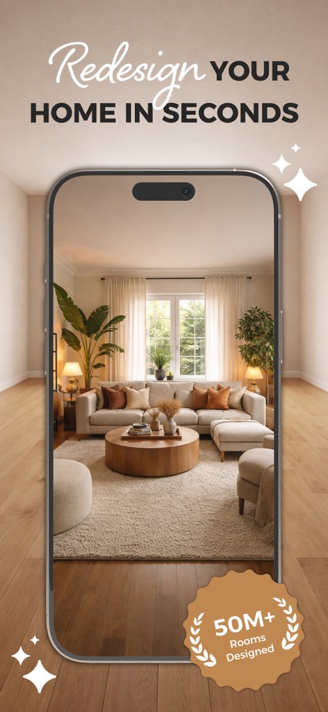HomeSnap - AI Home Design - Una pantalla de smartphone mostrando la renovación de una sala de estar generada por HomeSnap AI