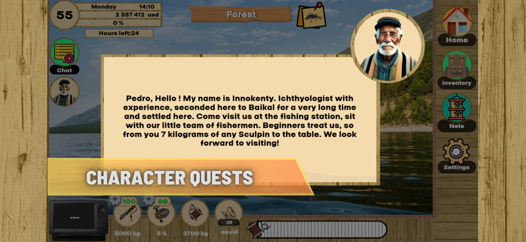 Real Fishing Simulator - A character quest dialog in Real Fishing Simulator featuring an ichthyologist at Lake Baikal.