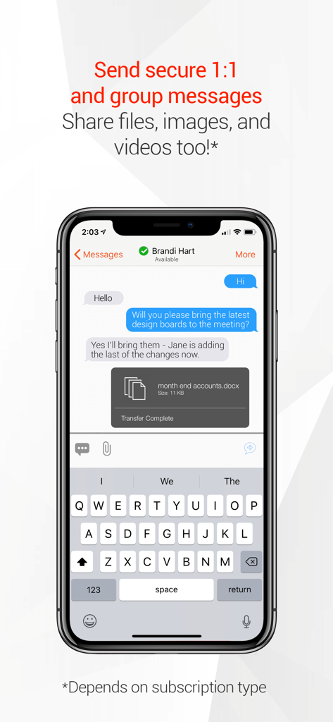 Bria - VoIP Softphone - Bria app interface showing secure professional messaging and document sharing on an iPhone