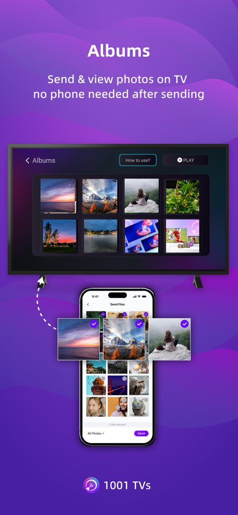 Smartphone sending photo albums to a television screen using 1001 TVs