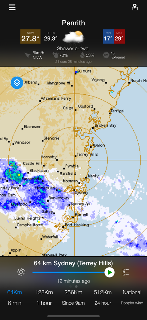 AUS Radar: WeatherAlert - Weather radar map of Sydney showing rain data in the AUS Radar app