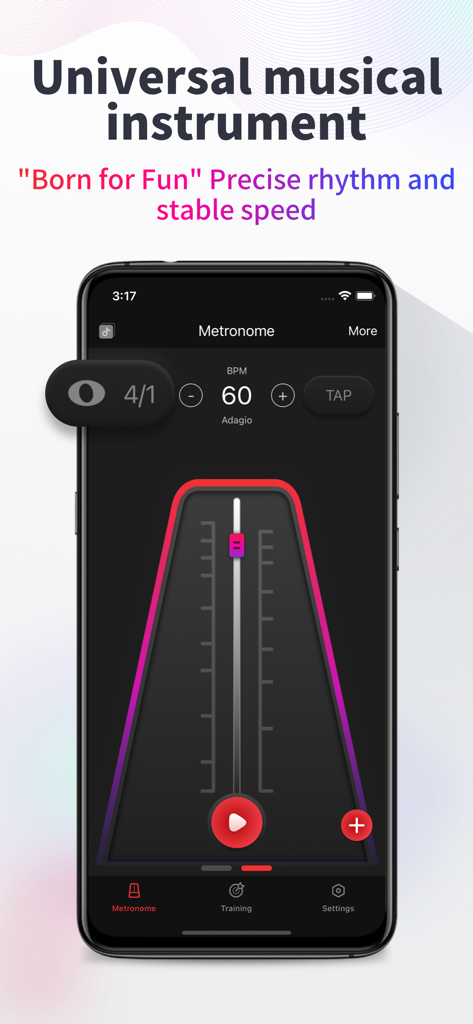 음악 연습을 위해 60 BPM 설정 및 클래식 진자 디자인을 보여주는 메트로놈 앱 인터페이스.