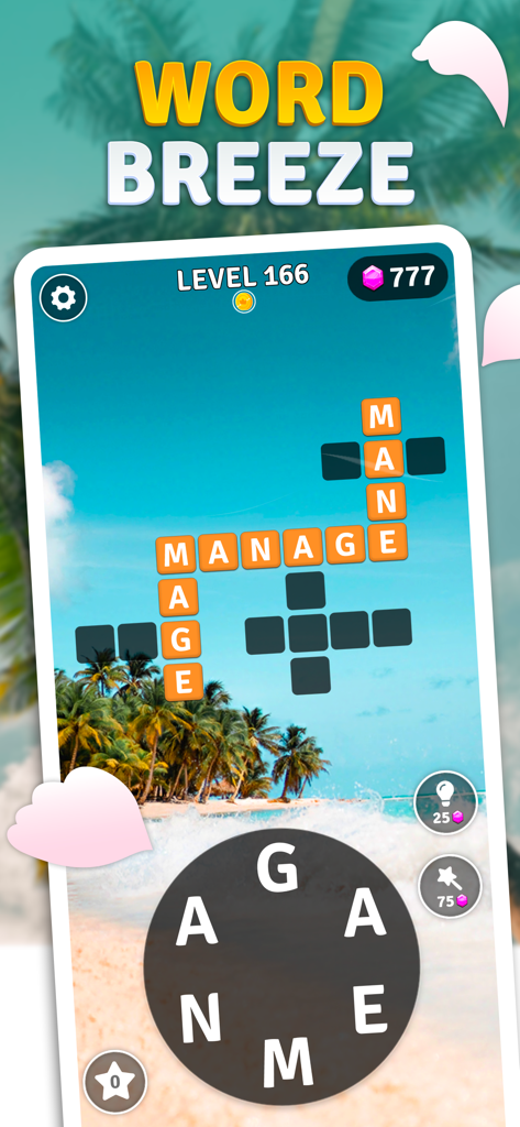 Word Breeze game level showing a crossword puzzle and letters to unscramble over a tropical beach background