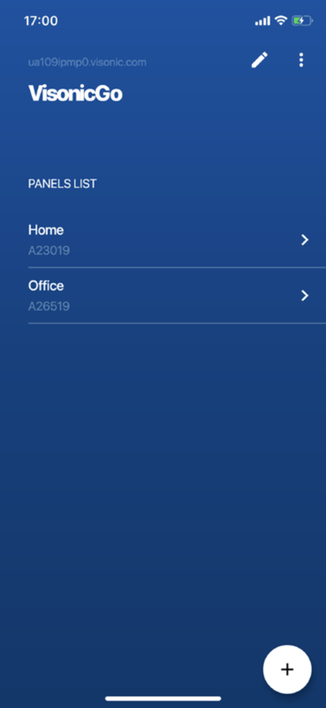 Pantalla de la aplicación Visonic-Go que muestra paneles de seguridad para ubicaciones de Hogar y Oficina