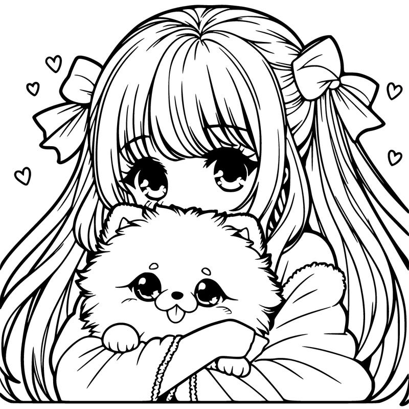 manga girl cuddling a kawaii pomeranian