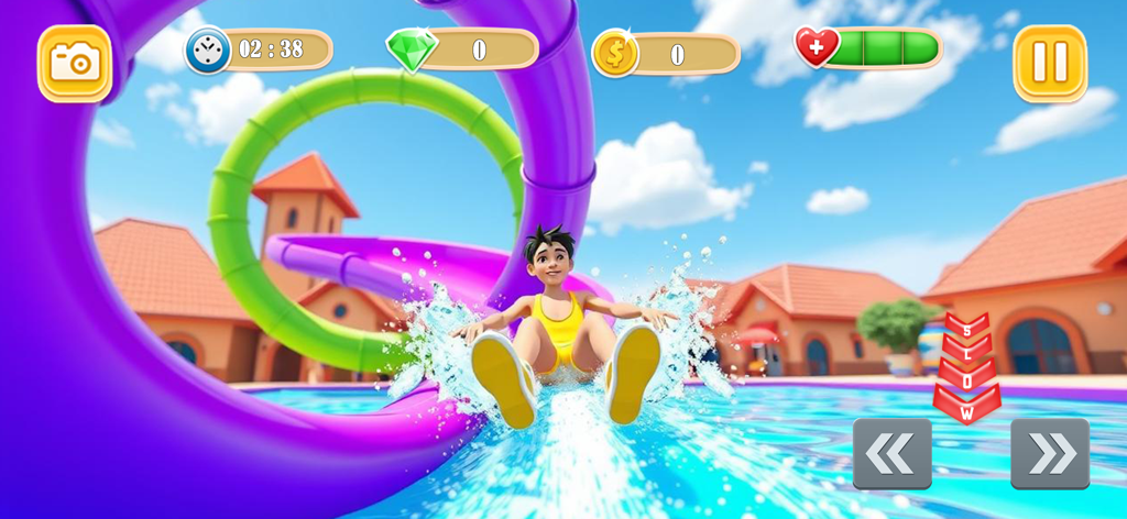 Water Slide Park - Fun Racing - Un personaje masculino deslizándose por un tobogán de agua morado en un parque acuático soleado.