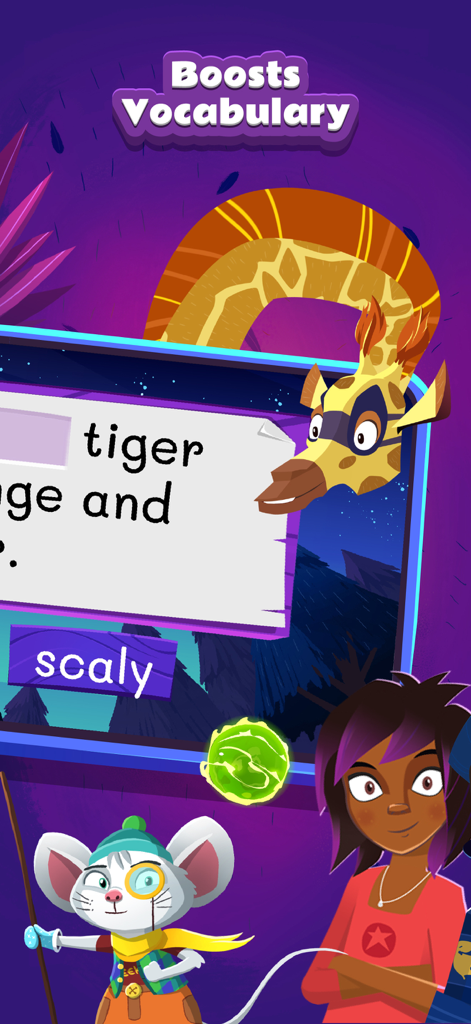 Night Zookeeper - Fun Learning - A colorful vocabulary learning game interface in the Night Zookeeper app featuring animated animal characters