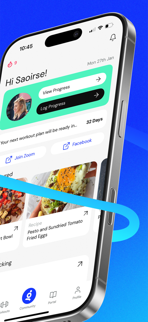 Glean App dashboard showing user progress tracking and macro friendly recipes
