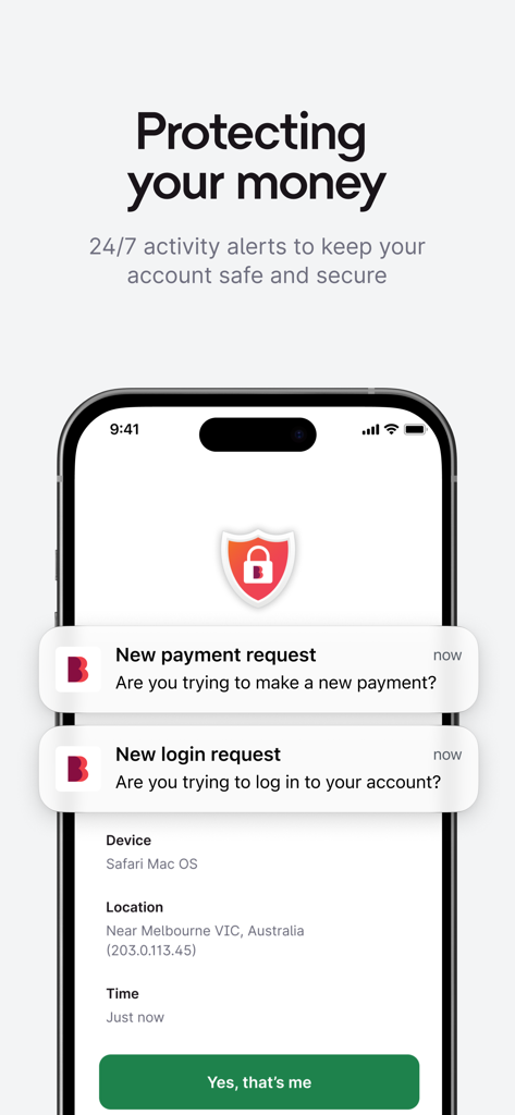 Bendigo Bank app interface showing security notifications for login and payment requests
