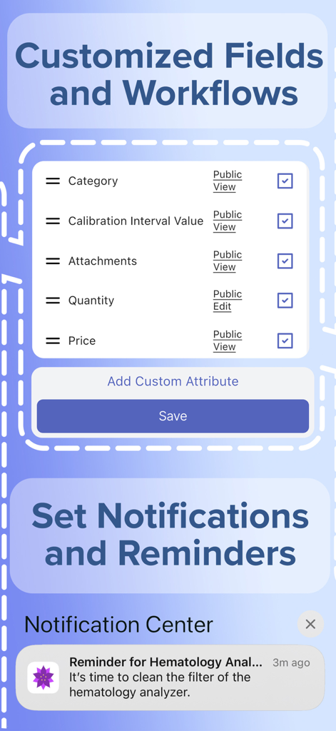 Scanlily: Organize with AI - Scanlily app interface showing customized inventory fields and automated maintenance reminders.