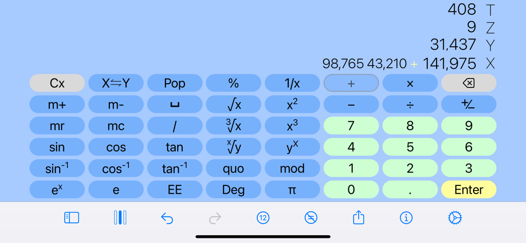 Interface of the All in One Calculator app displaying the RPN mode with a calculation stack and scientific buttons.