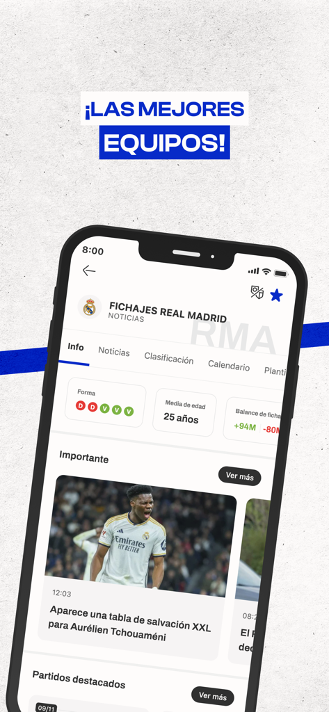 App de noticias de futbol mostrando perfil del equipo Real Madrid con estadisticas de fichajes