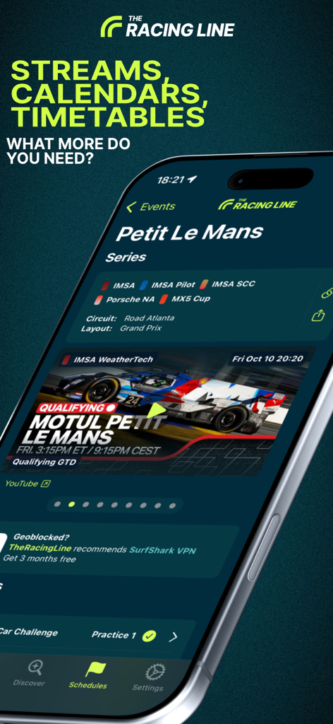 TheRacingLine: Racing Live TV - The Racing Line app interface showing the Petit Le Mans event timetable and IMSA racing series information on a smartphone.