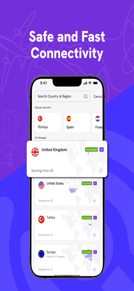 Enjoy eSIM: Global Internet - Smartphone screen displaying the Enjoy eSIM app interface with global internet data plans for various countries