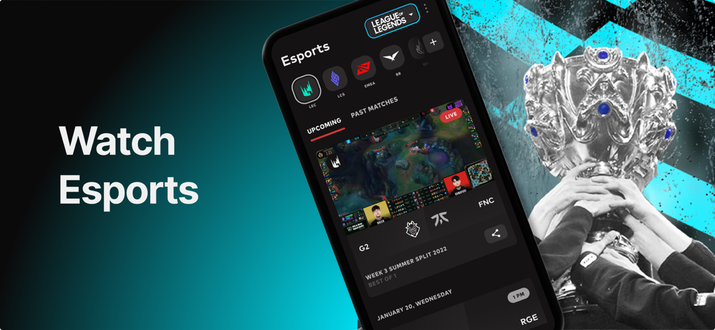 Riot Mobile App-Bildschirm zum Anschauen von E-Sport und Einsehen von Spielplänen