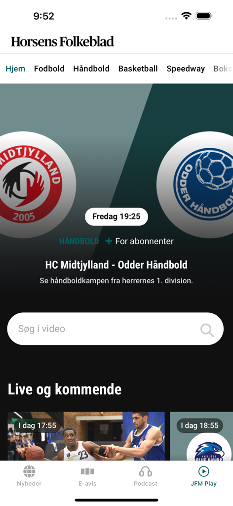 Horsens Folkeblad mobile app sports section showing live handball match coverage on JFM Play