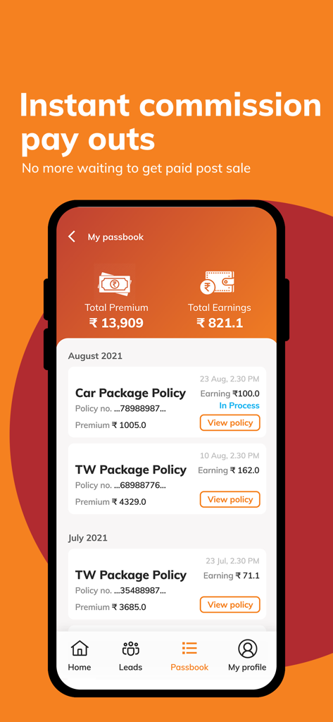 iPartner Pro - iPartner Pro app passbook screen showing total earnings and insurance policy commission details