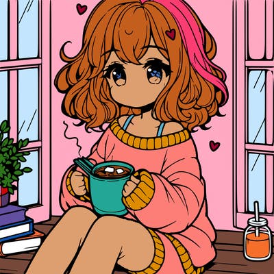cute anime girl reading book and drinking hot chocolate from mug with loose wavy hair wearing a baggy sweatshirt and shorts sitting by windowsill looking out