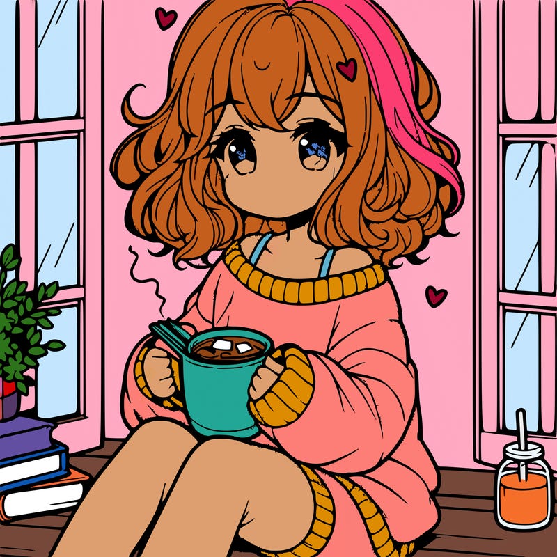 cute anime girl reading book and drinking hot chocolate from mug with loose wavy hair wearing a baggy sweatshirt and shorts sitting by windowsill looking out