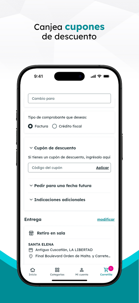 Kassenbildschirm in der Farmacias San Nicolás App zum Einlösen von Gutscheinen und zur Auswahl von Abholoptionen.