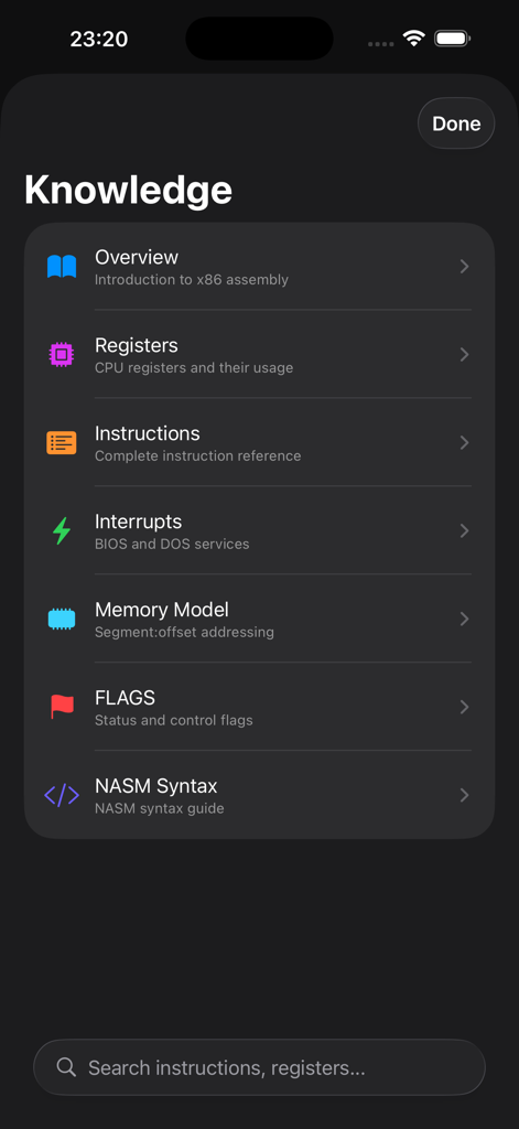 Assembly Lab: 8086 NASM IDE - Assembly Lab app Knowledge section showing a list of x86 assembly learning topics like registers, instructions, and interrupts