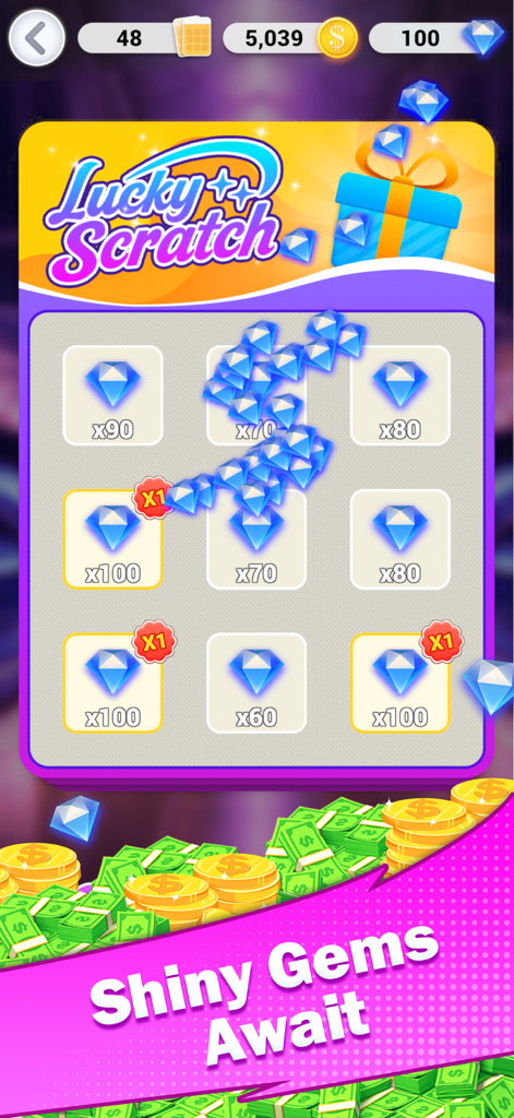 Mini-jeu de grattage chanceux dans Words Explorer montrant des récompenses de gemmes bleues et des pièces brillantes