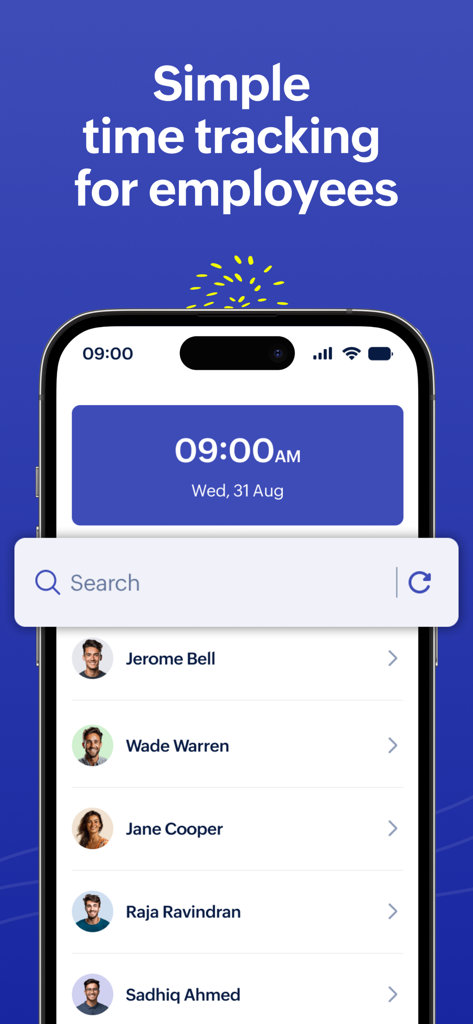 Zoho Shifts Kiosk app interface showing an employee list for simple time tracking