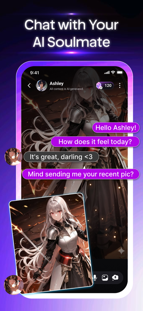 Weifu AI: Character Companion - Screenshot of Weifu AI app showing a chat conversation with an anime-style character named Ashley