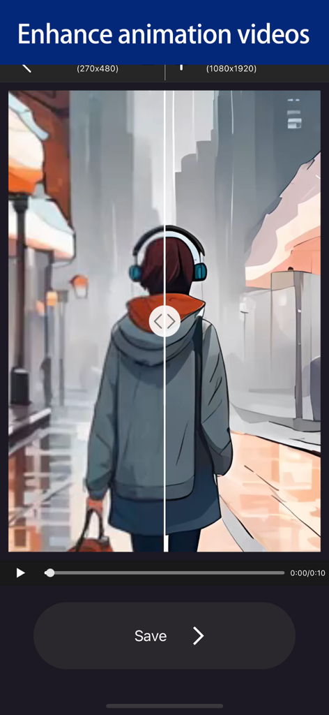 Video Upscale-4K UHD Upscaler - Comparison of an animation video being upscaled to higher resolution