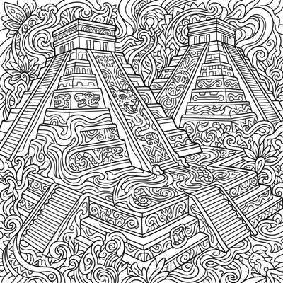 Embark on a vibrant journey with this unique coloring page featuring majestic Mayan pyramids interwoven with mesmerizing psychedelic patterns. Discover intricate details and swirling designs that promise a truly immersive and imaginative coloring experience.