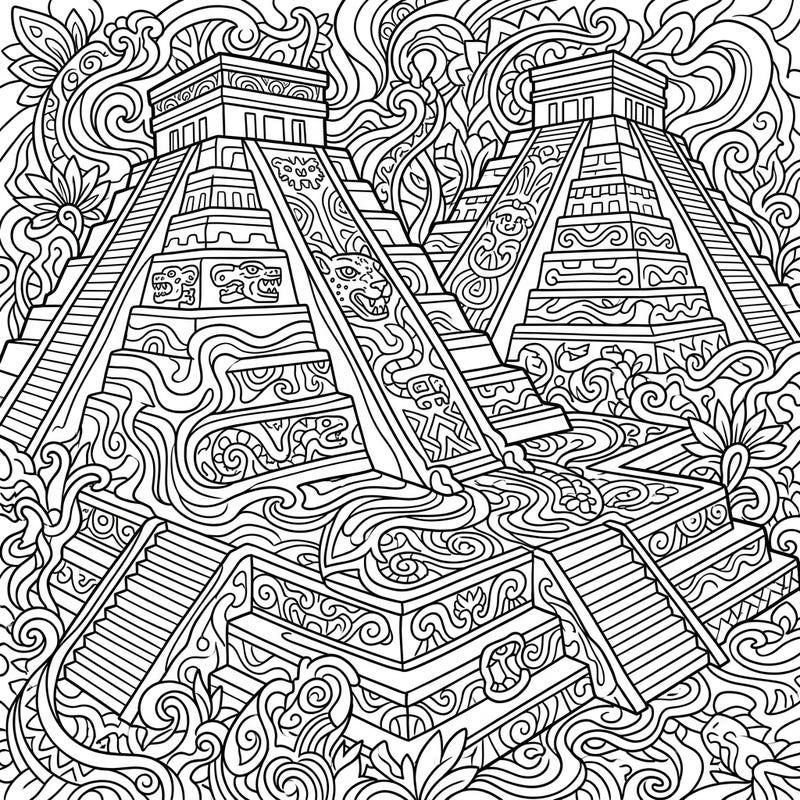 Embark on a vibrant journey with this unique coloring page featuring majestic Mayan pyramids interwoven with mesmerizing psychedelic patterns. Discover intricate details and swirling designs that promise a truly immersive and imaginative coloring experience.