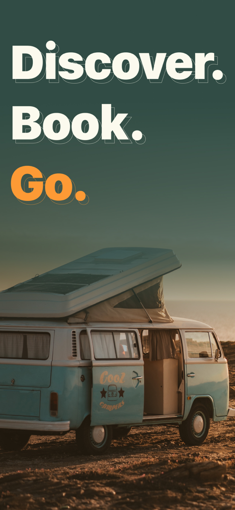Vintage blue camper van with a pop-up roof tent parked at the coast during sunset with the words Discover Book Go