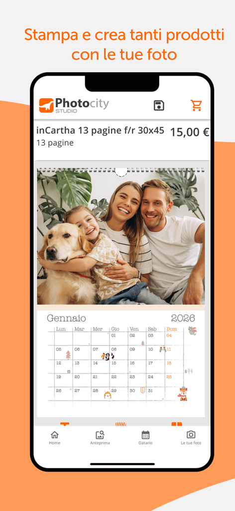 Photocity Studio - Stampa foto - Schermata mobile che visualizza la creazione di un calendario fotografico personalizzato nell'app Photocity Studio