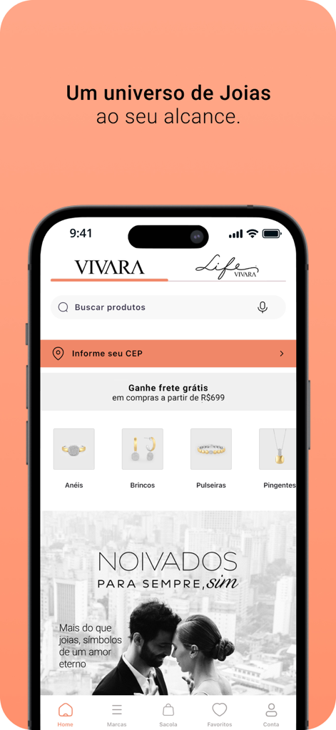Vivara - Vivara mobile app home screen showing jewelry categories like rings and earrings with an engagement collection banner