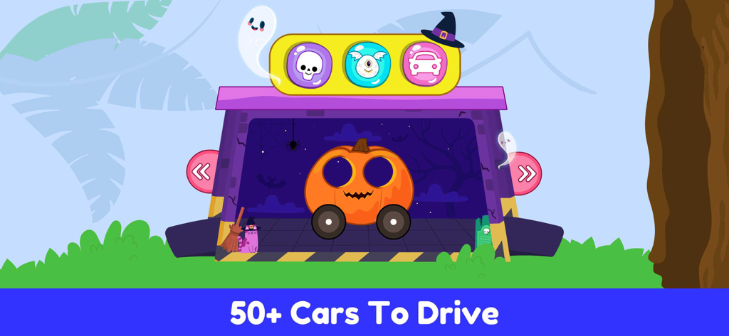 Un coche de calabaza de dibujos animados en un garaje espeluznante con temática de Halloween con fantasmas y murciélagos de una aplicación de carreras para niños pequeños