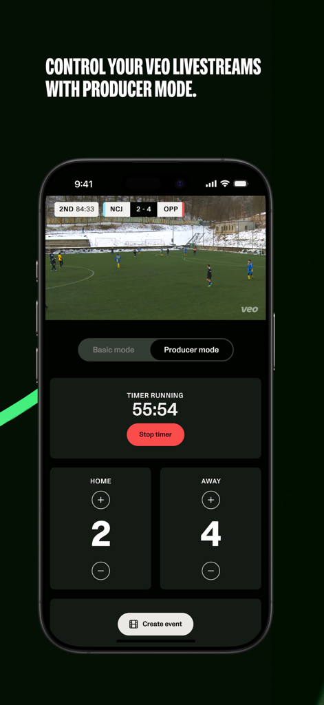 Veo Live app Producer Mode displaying a live soccer match with scoreboard and timer controls