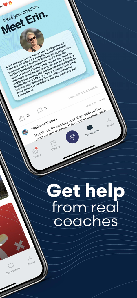 Uno screenshot dell'app The Run Experience che mostra il profilo di un allenatore di corsa e una sezione di messaggi della community.