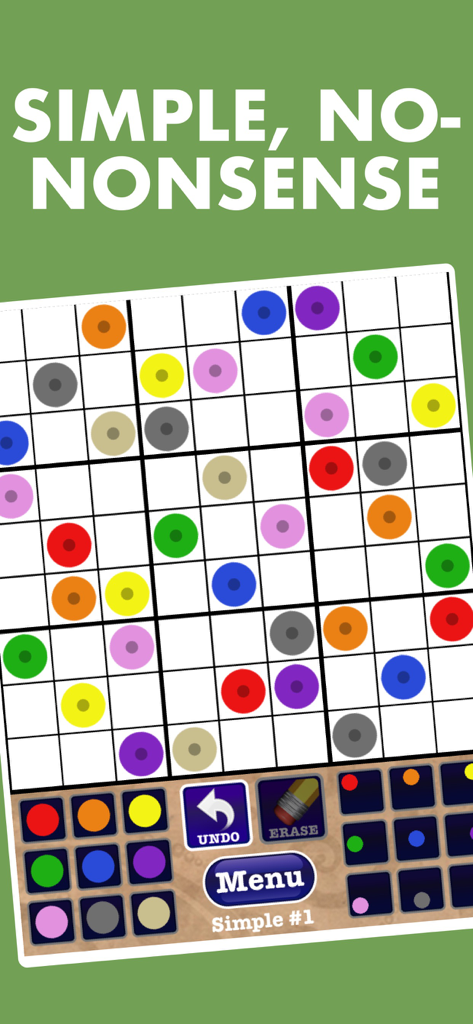 Una cuadrícula de puzles de Sudoku de Colores con círculos de colores en lugar de números y botones de deshacer y borrar