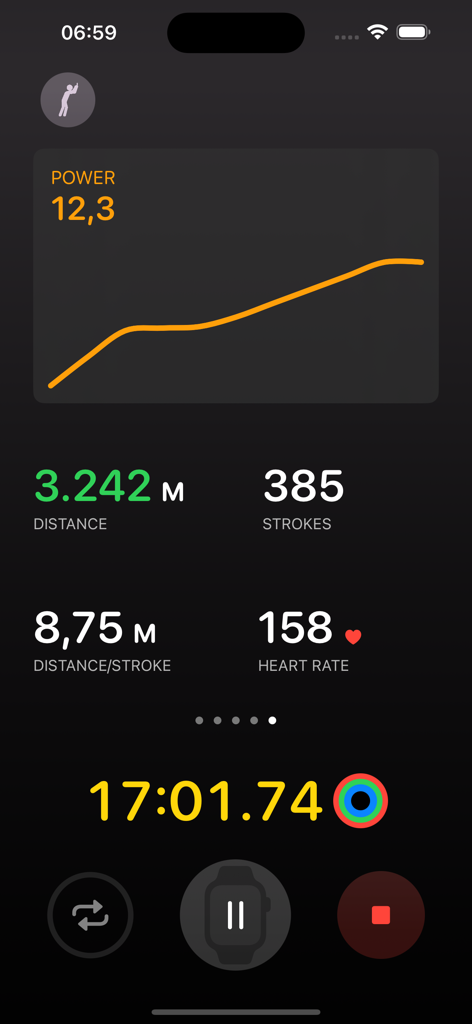 Pantalla de iPhone con estadísticas de entrenamiento en tiempo real de ski ergómetro, incluyendo gráfico de potencia y frecuencia cardíaca