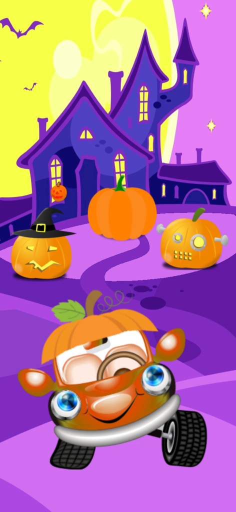 Car Match 2026 - Traffic Jam - A friendly orange car wearing a pumpkin hat in front of a purple haunted house