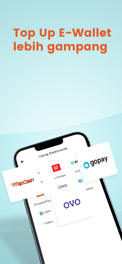 BNI SMS Banking - Mobile screen of BNI SMS Banking app displaying options to top up Indonesian e-wallets like GoPay and OVO
