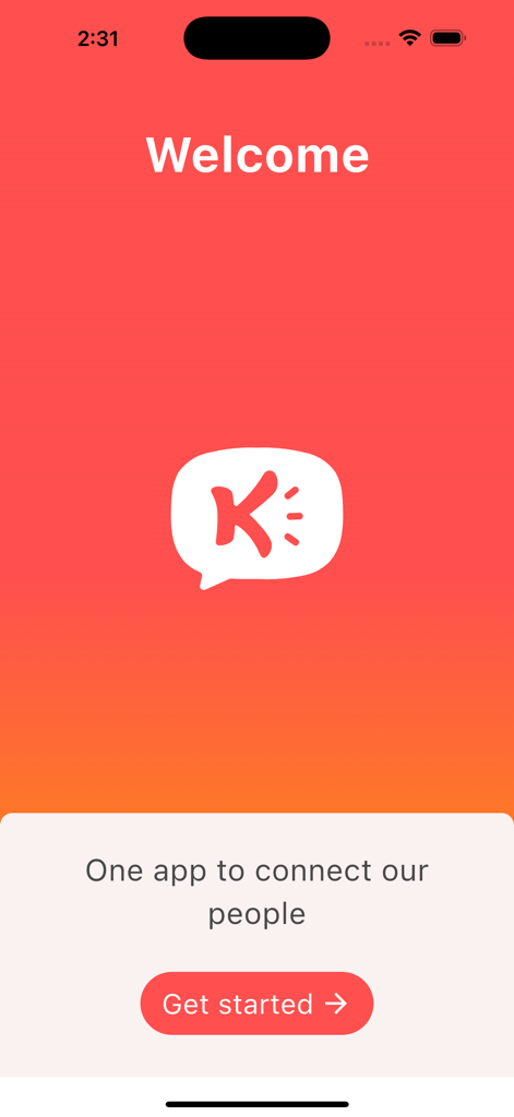 KradassTalk - KradassTalk welcome screen with logo and Get Started button